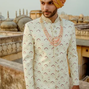 Cream Mehroon Color Sherwani for Men