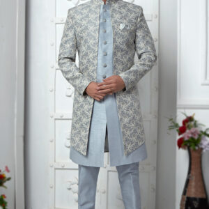 Jacquard Dusty Blue Weaved Jacket Style Men’s Sherwani