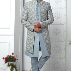 Jacquard Dusty Blue Weaved Jacket Style Men’s Sherwani