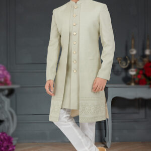 Light Dusty Green Jacquard Jacket Style Men’s Sherwani for Wedding & Party
