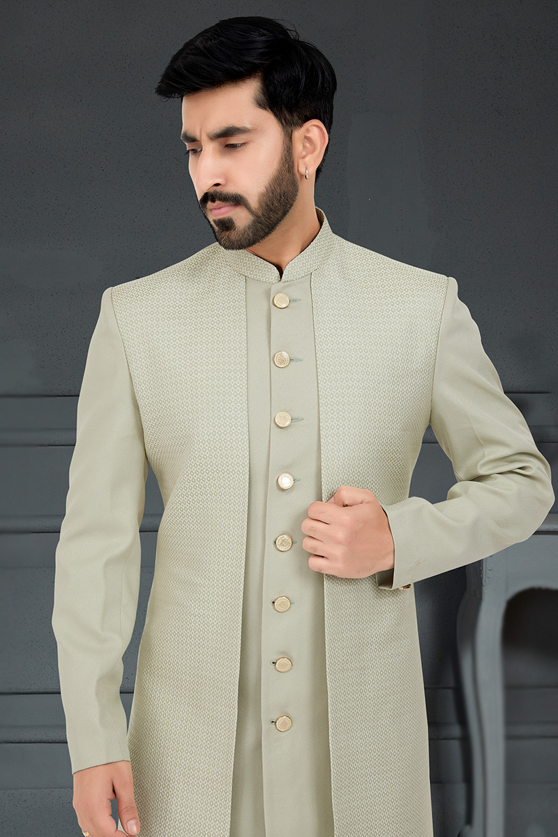 Light Dusty Green Jacquard Jacket Style Men's Sherwani for Wedding & Party - Image 2